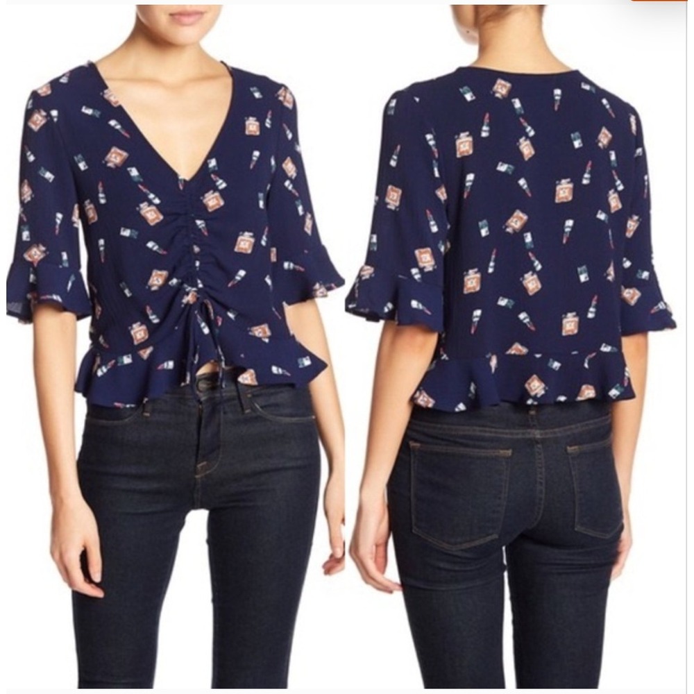 Elodie Perfume and Lipstick Design Ruffled Crop Navy Blouse Size M